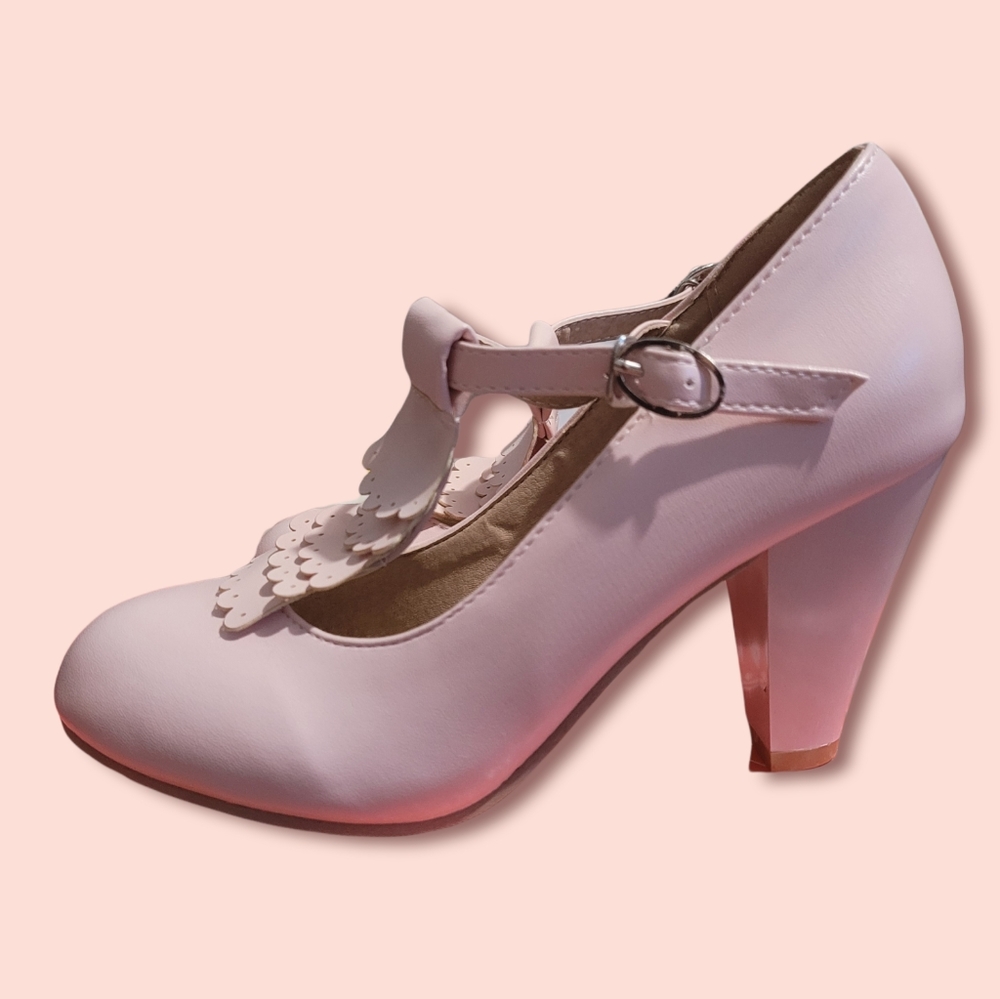 Baby Pink Ruffle T-strap Mary Jane Heels